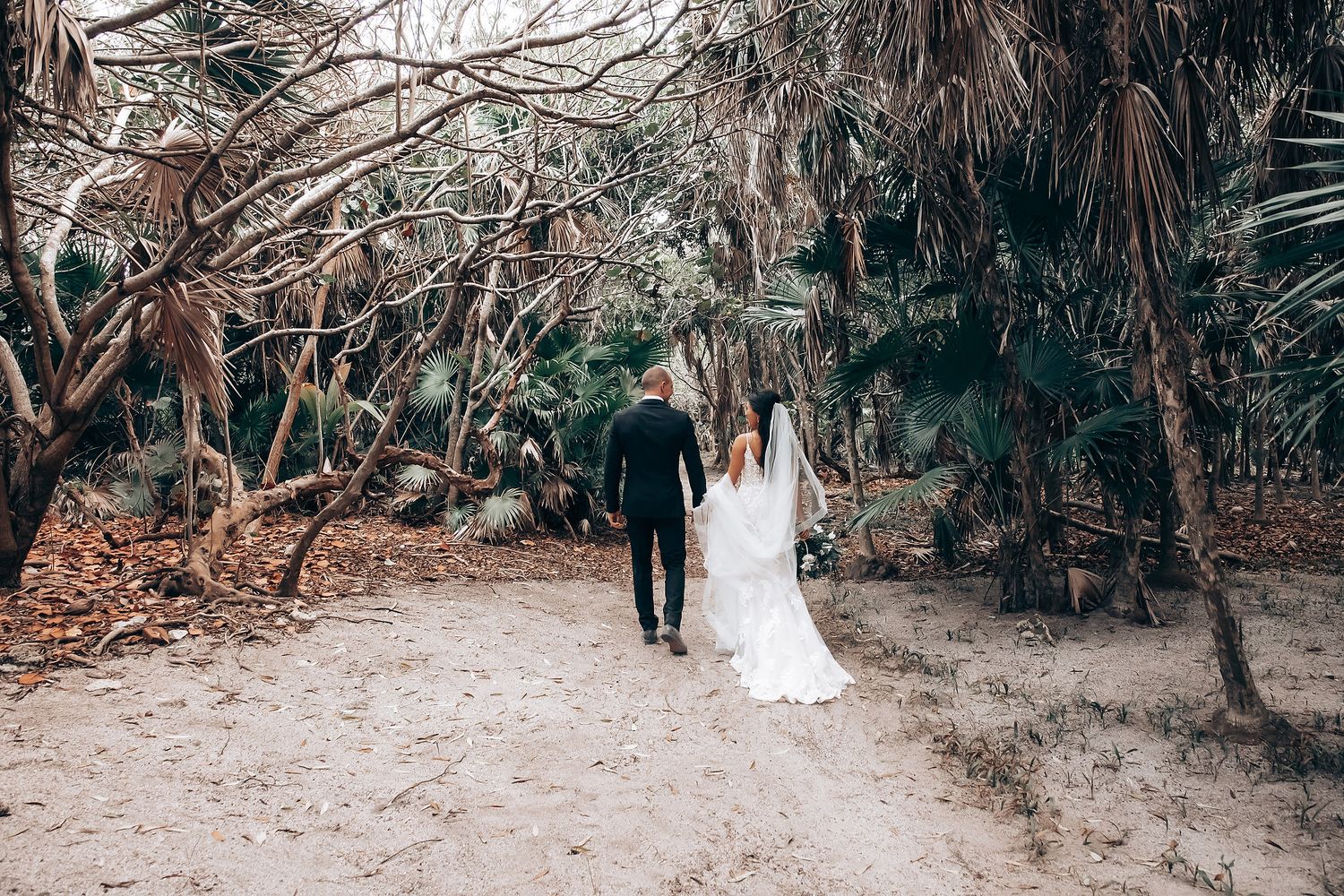 Wedding celebration in a natural outdoor setting with palm trees and rustic decor.