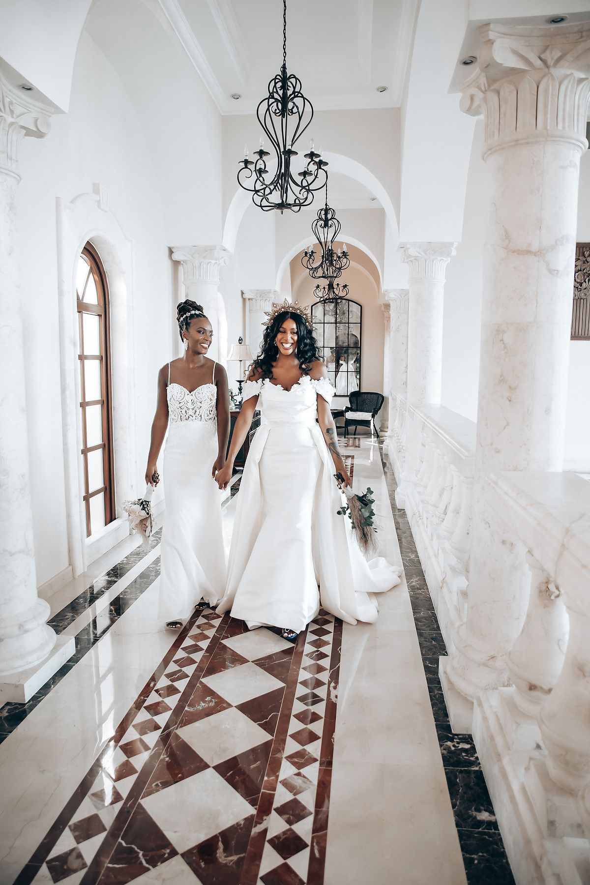 A series of elegant bridal portraits in a white hallway with ornate architectural details and patterned marble floors.