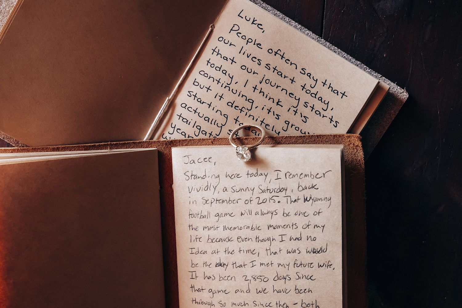 Handwritten wedding vows on vintage paper with romantic lighting.