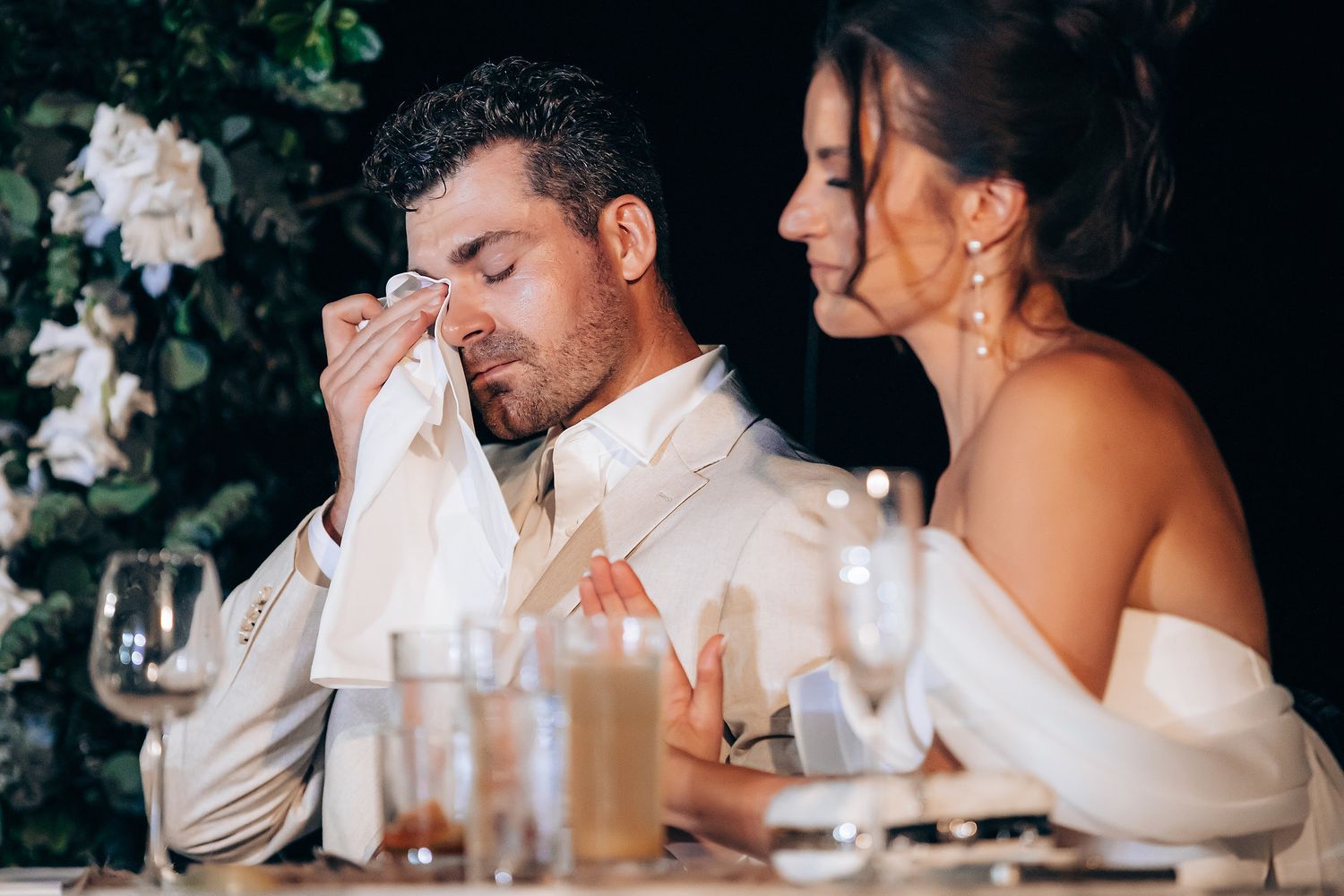 A series of romantic wedding dance photos showing couples embracing and dancing together at an outdoor reception.