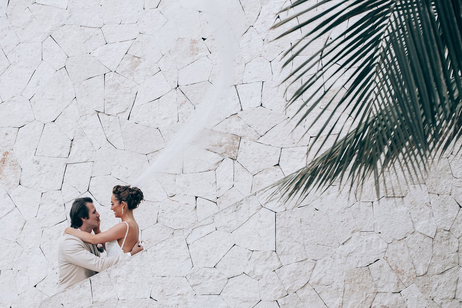 A romantic beach wedding ceremony setup with palm trees and white decor along a stone wall.