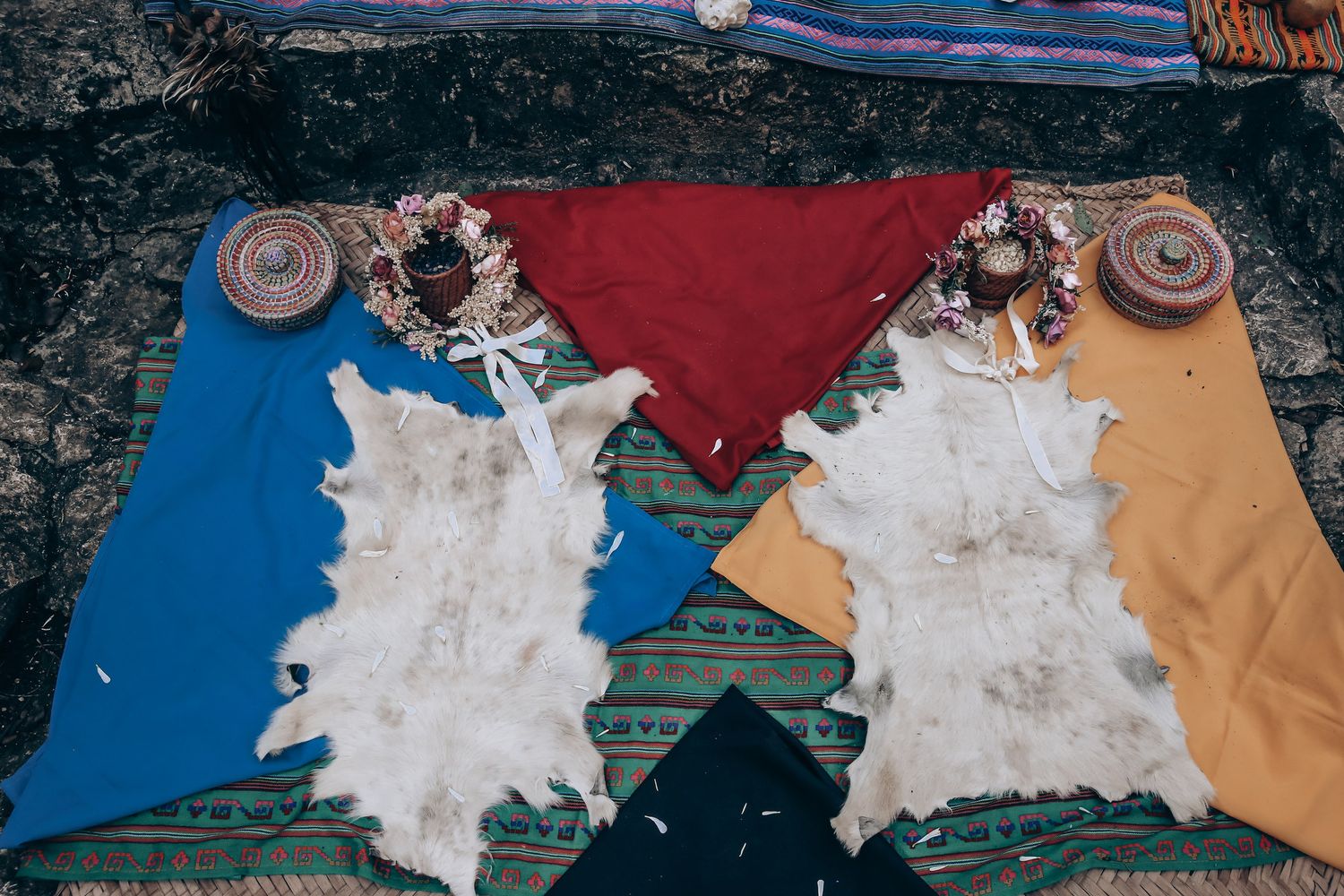 A series of six images showing a white conch shell being progressively crushed into powder on a colorful background.