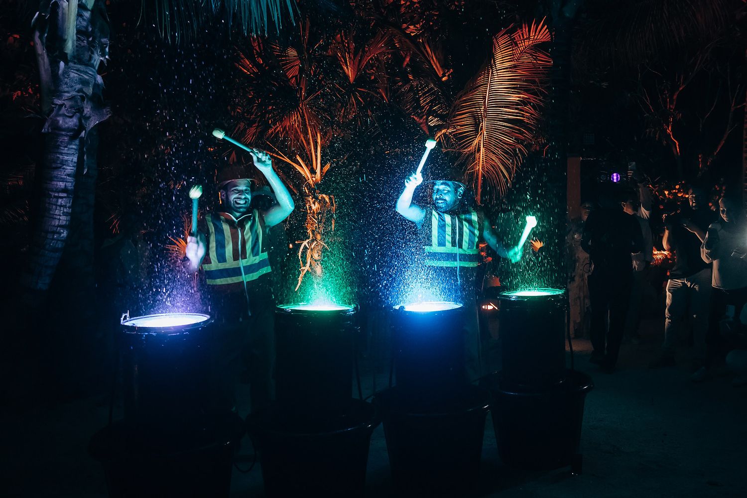 Colorful uplighting illuminates tropical plants and palm fronds creating a dramatic nighttime atmosphere.