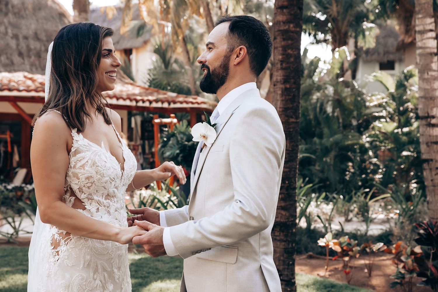 A romantic wedding photo collage showing tender moments between a couple in an outdoor garden setting.