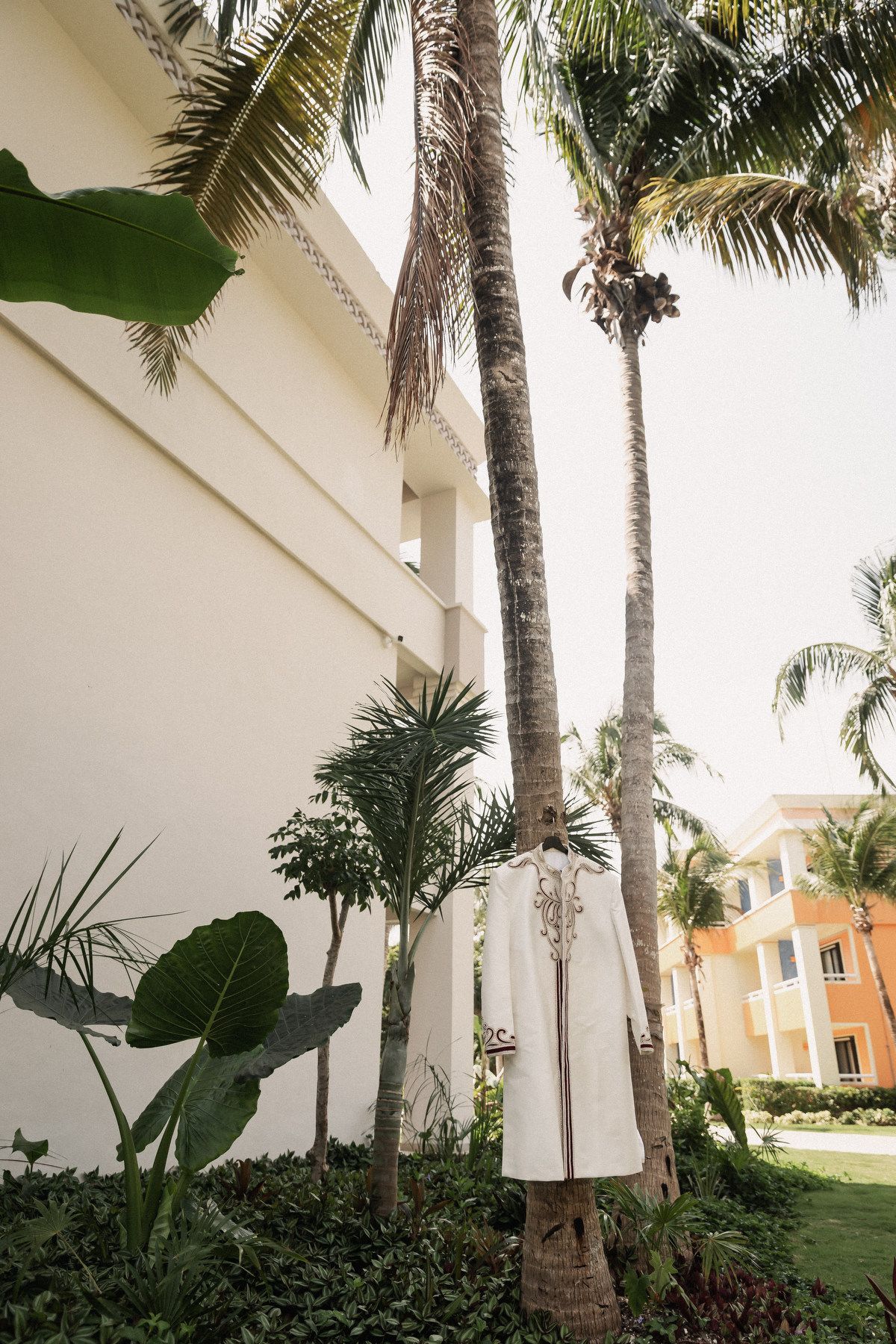 A white wedding dress hangs on a palm tree outside a tropical resort with lush greenery and white building.
