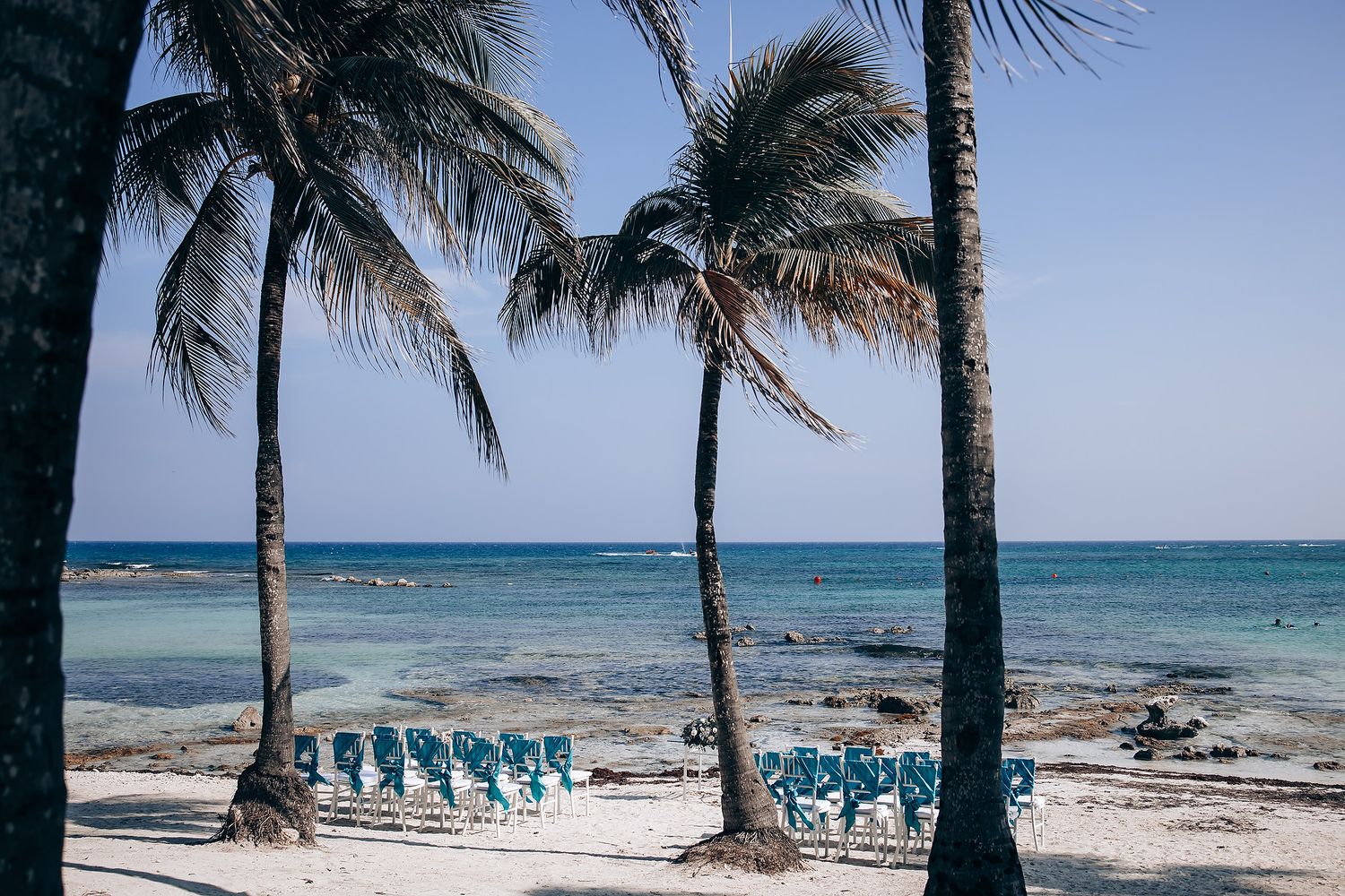 Turquoise beach chairs line up between palm trees on a tropical beach with rocky shoreline and blue ocean waters.