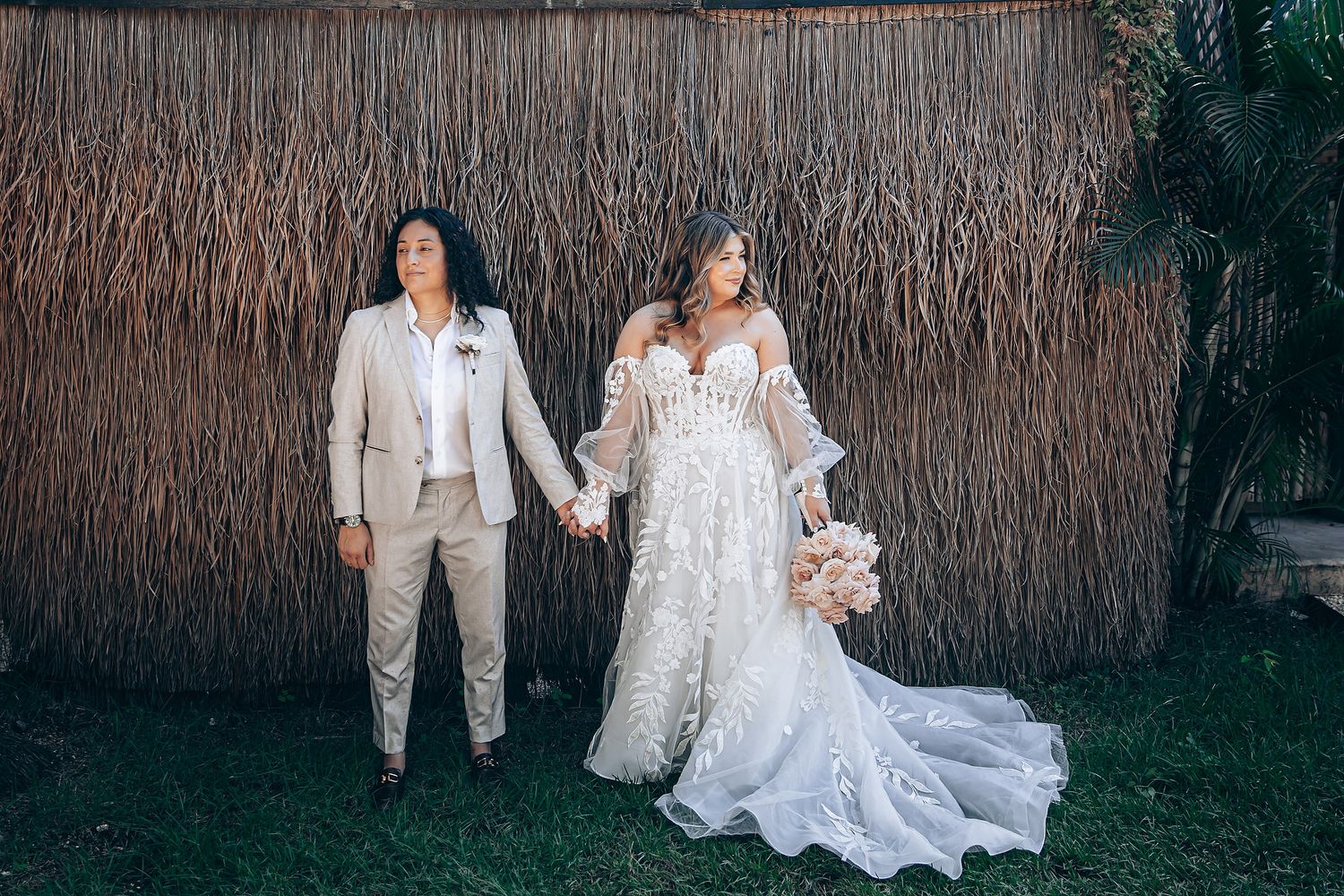A romantic wedding photo collage showing couples in white attire posing in an outdoor garden setting with rustic decor.