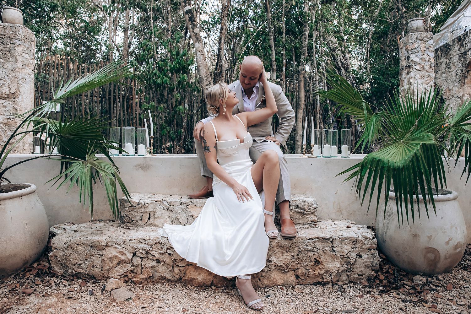 Bride and groom portrait at Arcadia Tulum jungle wedding venue