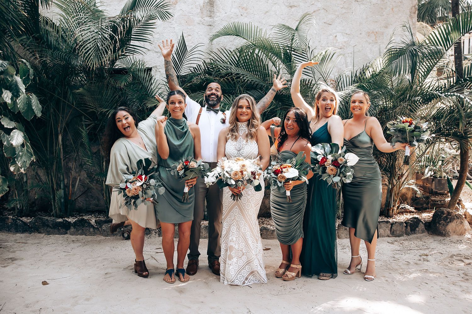 A series of wedding photos showing bridesmaids in teal dresses and white bouquets arranged in a horizontal collage.