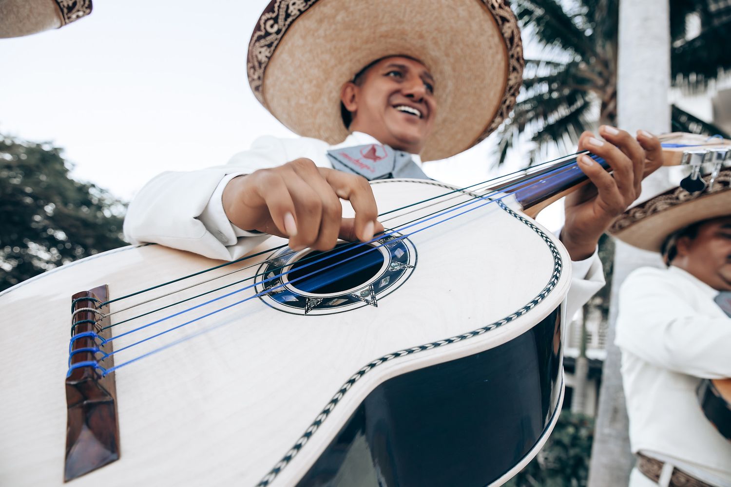A man plays a guitar outdoors with palm trees in the background.