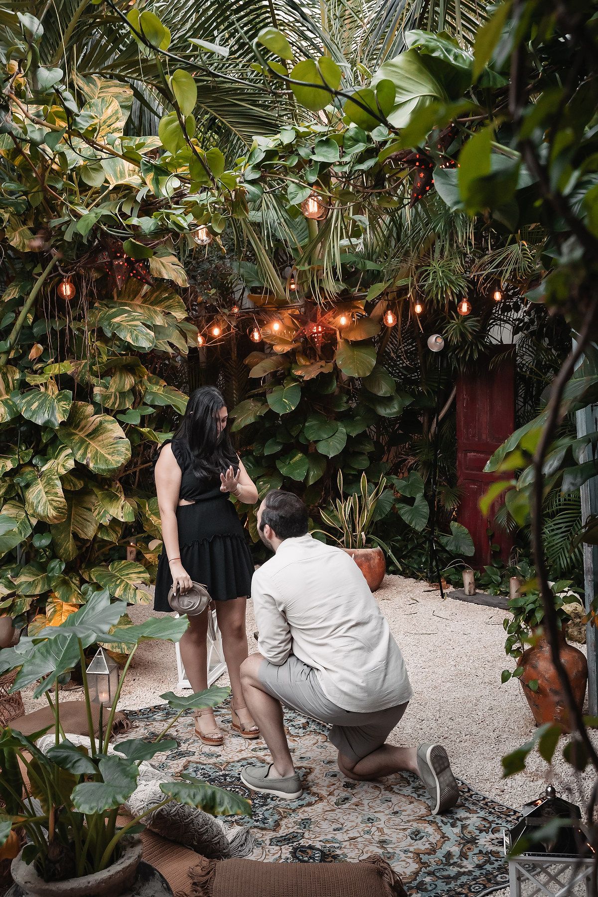 Photography team working in a tropical garden setting with string lights and foliage.