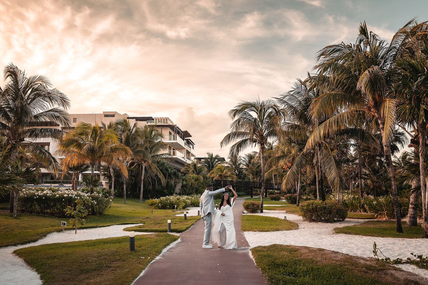 Sunset wedding photography at Royalton Riviera Cancun beach venue