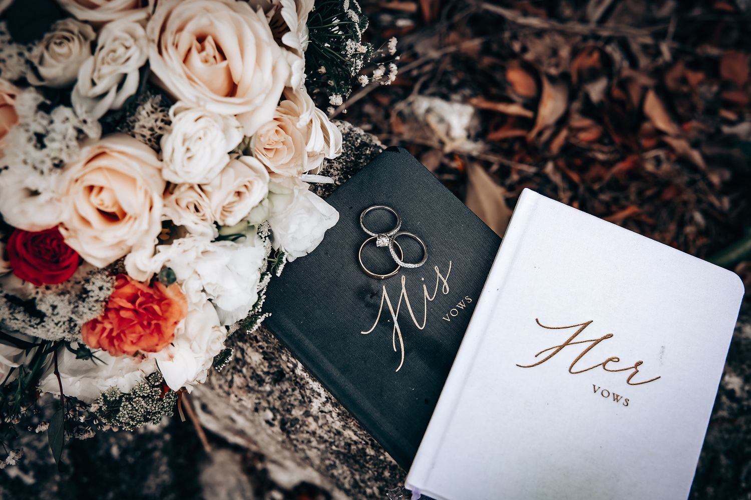 Wedding details collage featuring rings, floral arrangements, and elegant calligraphy name cards in soft blush and dark tones.