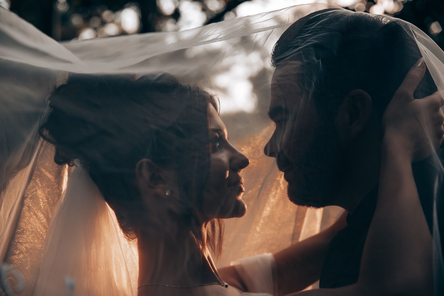 Romantic silhouette of couple sharing an intimate moment under flowing veil.
