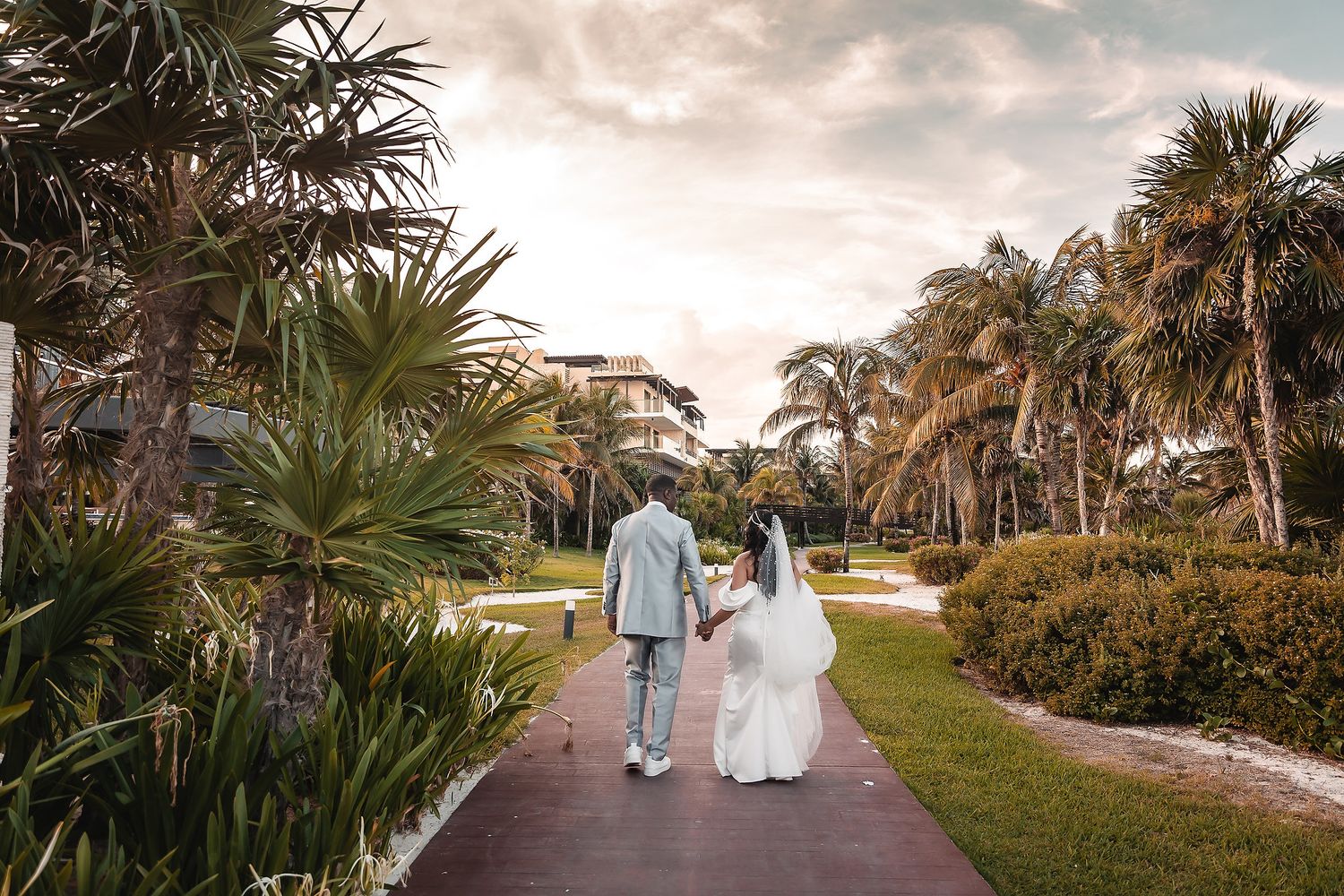 Palm tree-lined pathway at tropical beach wedding venue during golden hour.