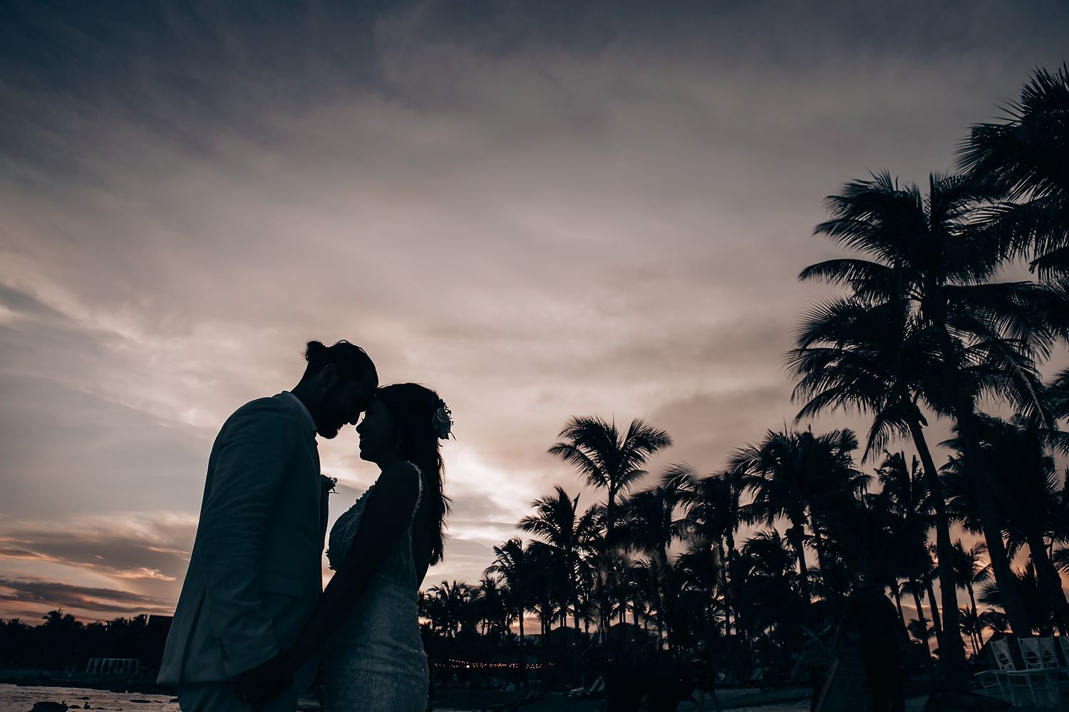 Silhouettes of palm trees against a dramatic sunset sky.