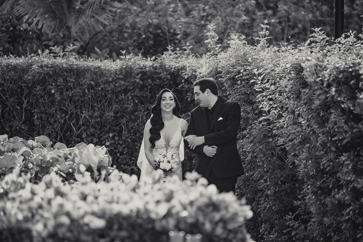 Black and white photo of a bride and groom walking through lush garden hedges, sharing a joyful moment on their wedding day.