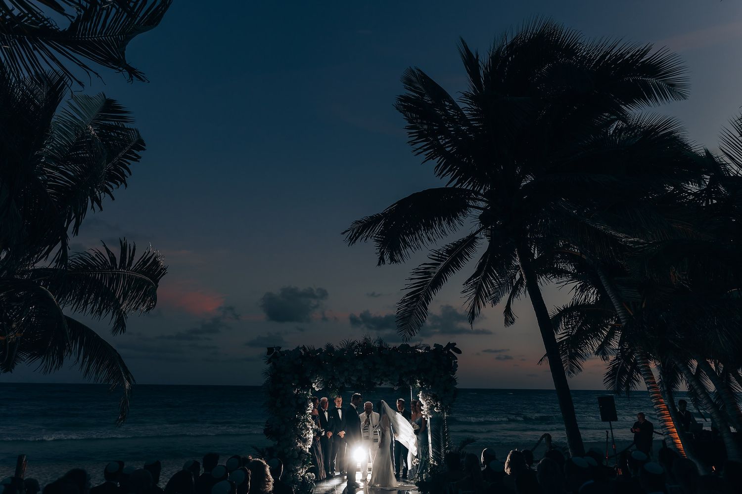 Palm trees silhouetted against a dusky evening sky at a beach wedding venue.