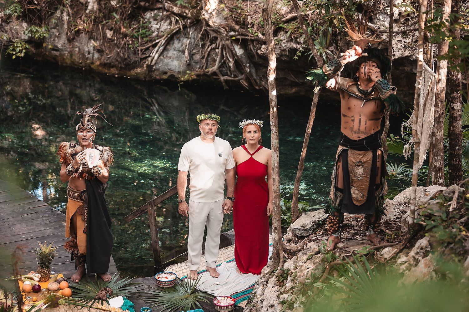 Sacred ceremony in progress within a lush jungle environment.