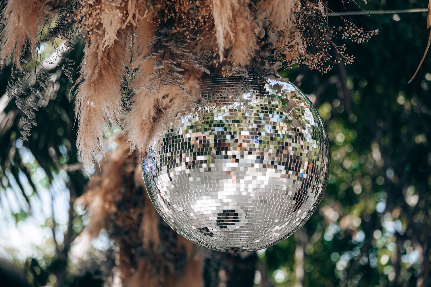 A shiny disco ball hangs outdoors among trees, reflecting light and creating a magical atmosphere in nature.