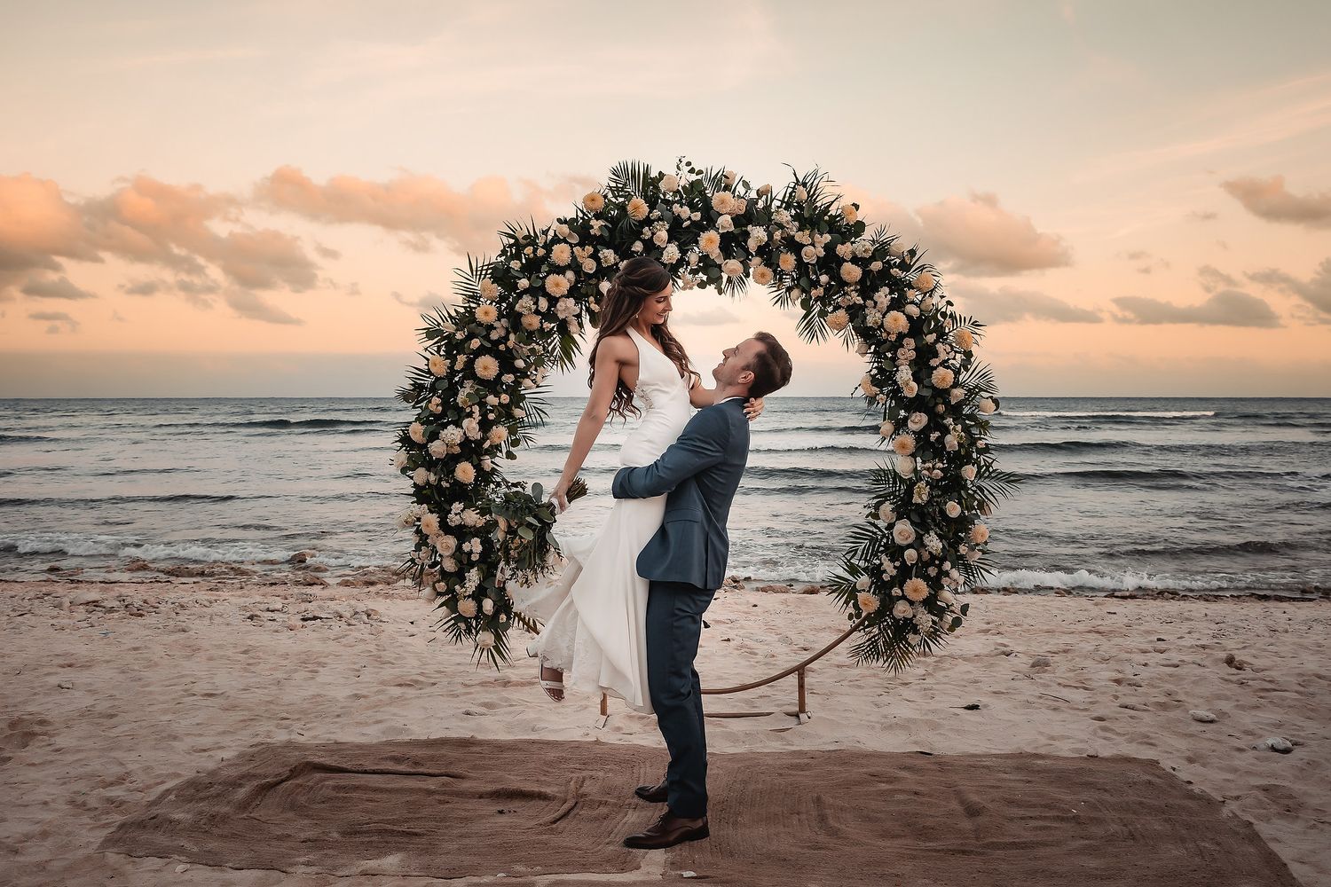 Sunset wedding photography at Blue Venado Riviera Maya beach venue