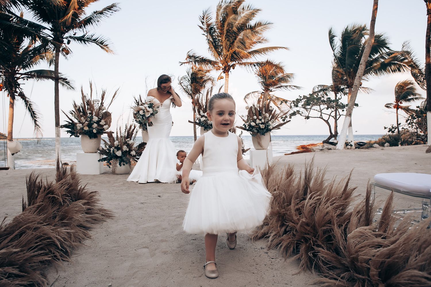 A collection of beach wedding photos showing palm trees, sand, and white dresses against a tropical backdrop.