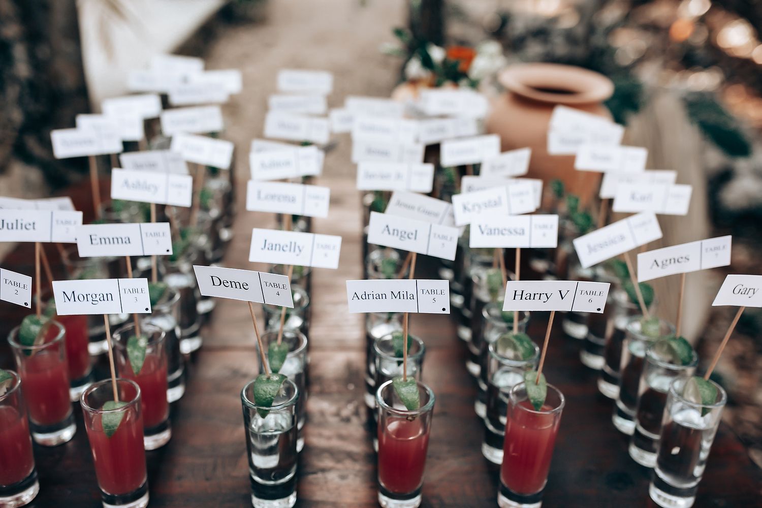 Wedding reception drink display with personalized name cards and cocktails on rustic wooden surface.