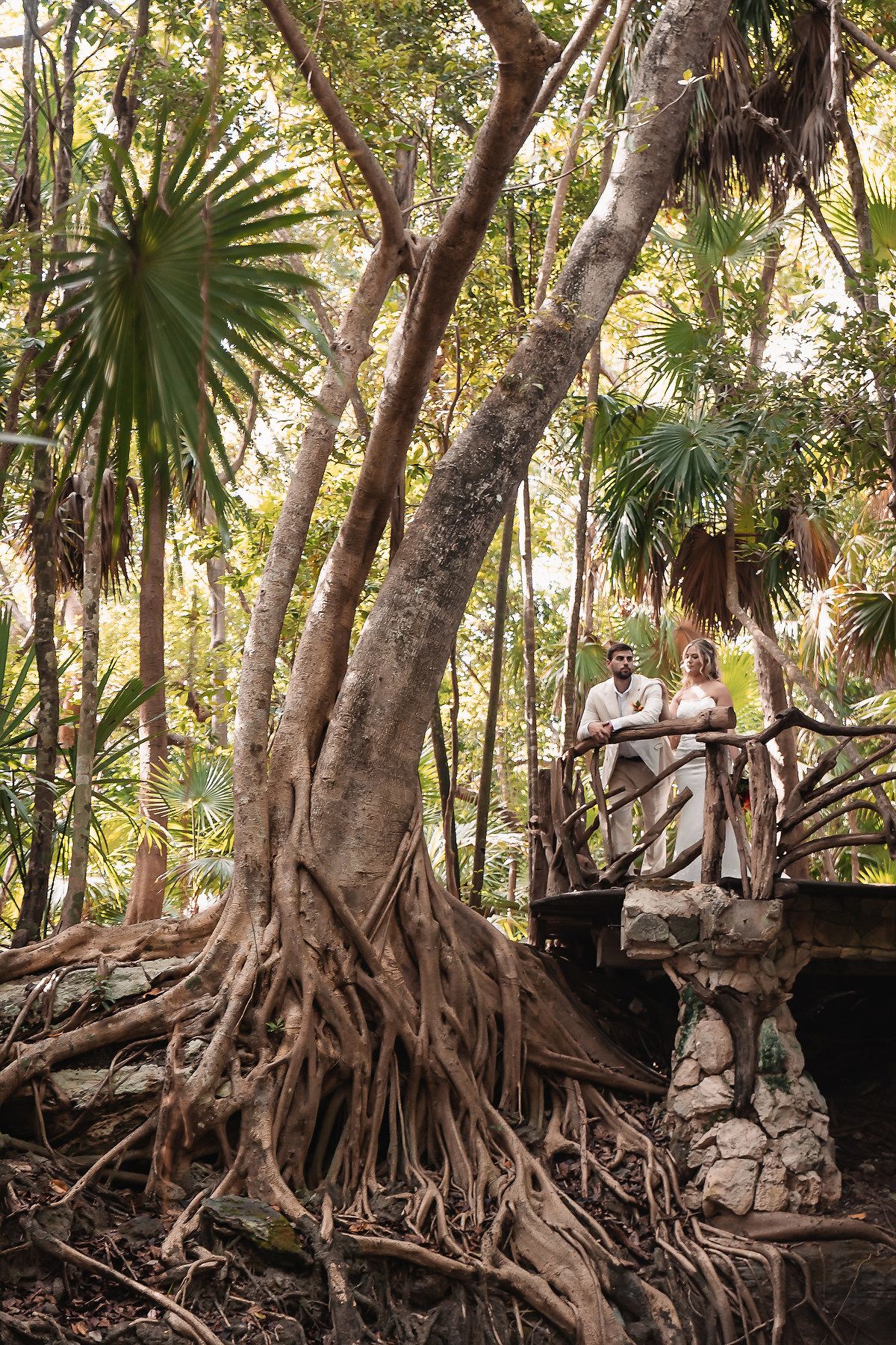Couple standing on a rustic bridge surrounded by lush tropical jungle with large tree roots in Playa del Carmen, Mexico.
