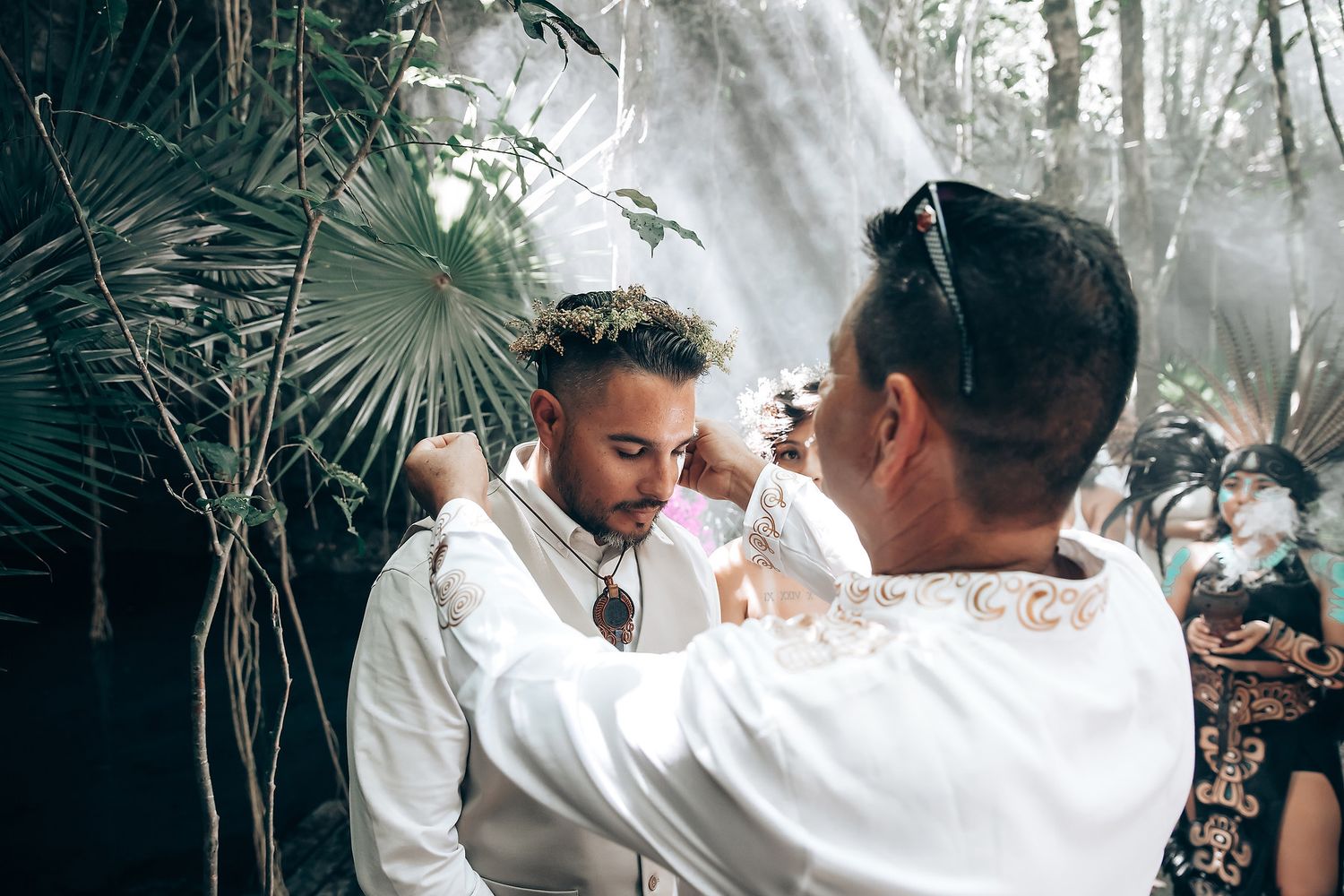 Wedding celebration photos showing joyful moments between couples and guests.