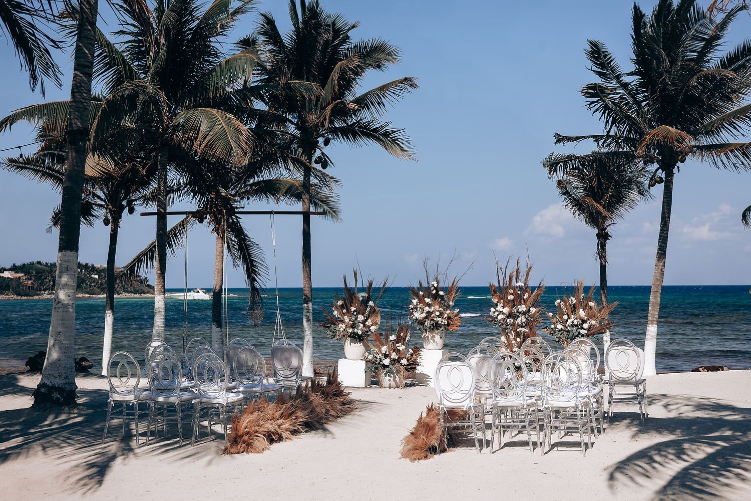 Panoramic collage of a tropical beach wedding setup with white chairs, palm trees and ocean views on a sunny day.