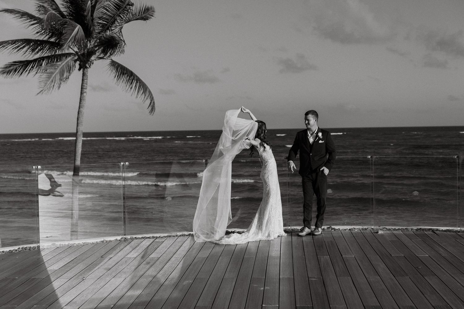 Black and white photo of bride and groom kissing oceanside with palm tree and waves in background.