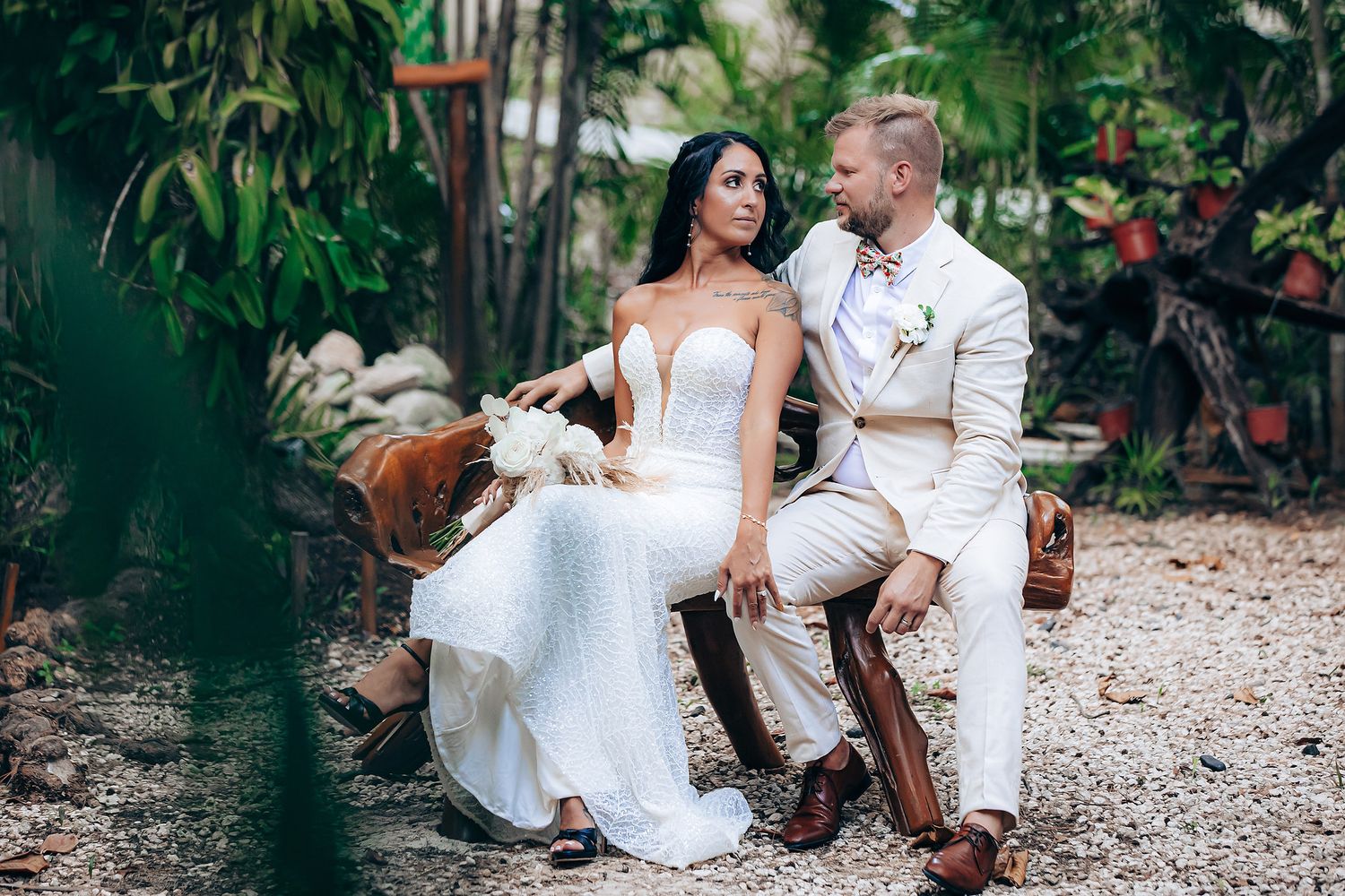 Romantic couple photos in Mahekal Beach tropical garden Mexico
