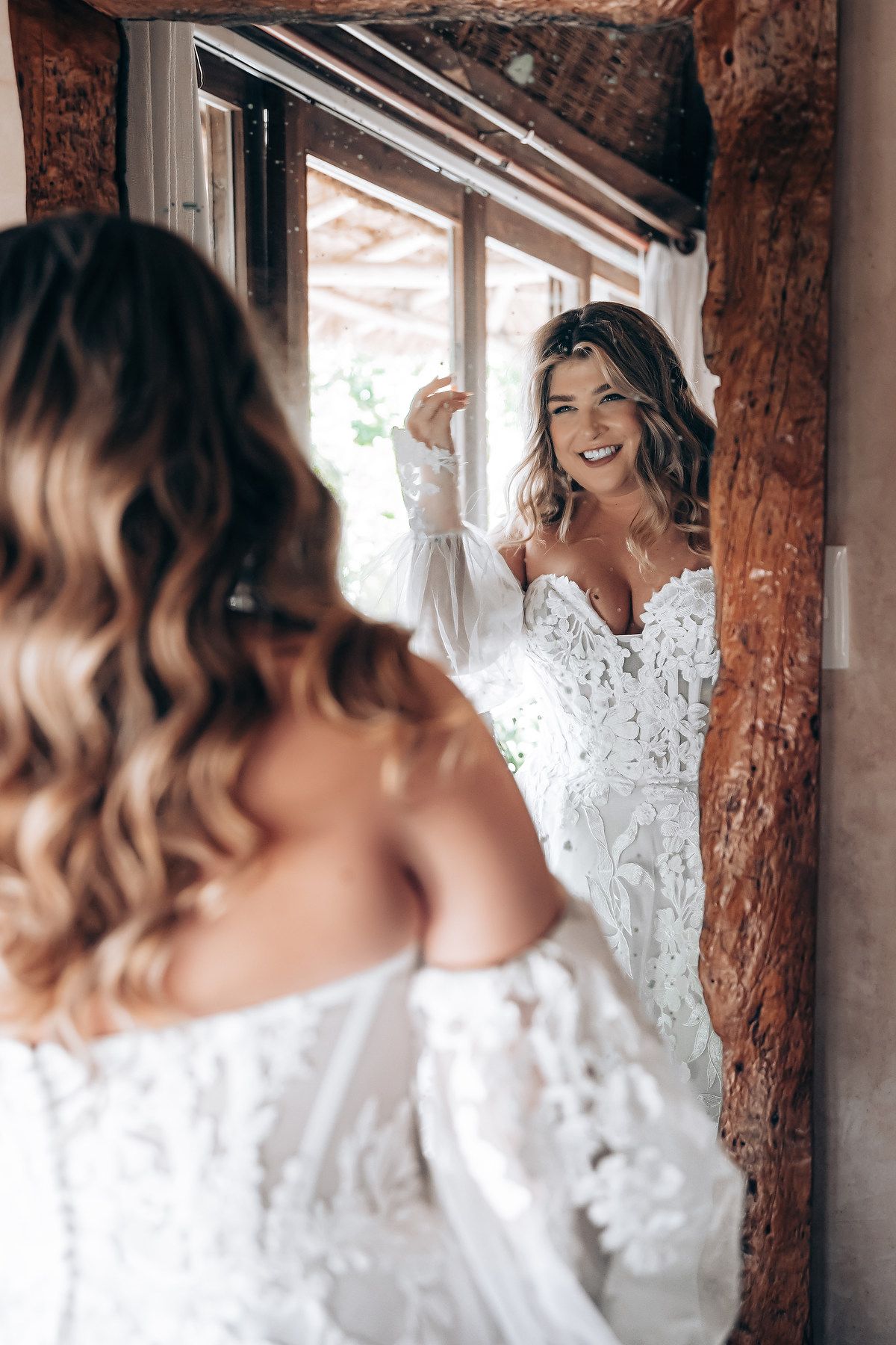 Series of candid moments captured by a window with natural lighting and wooden beams.