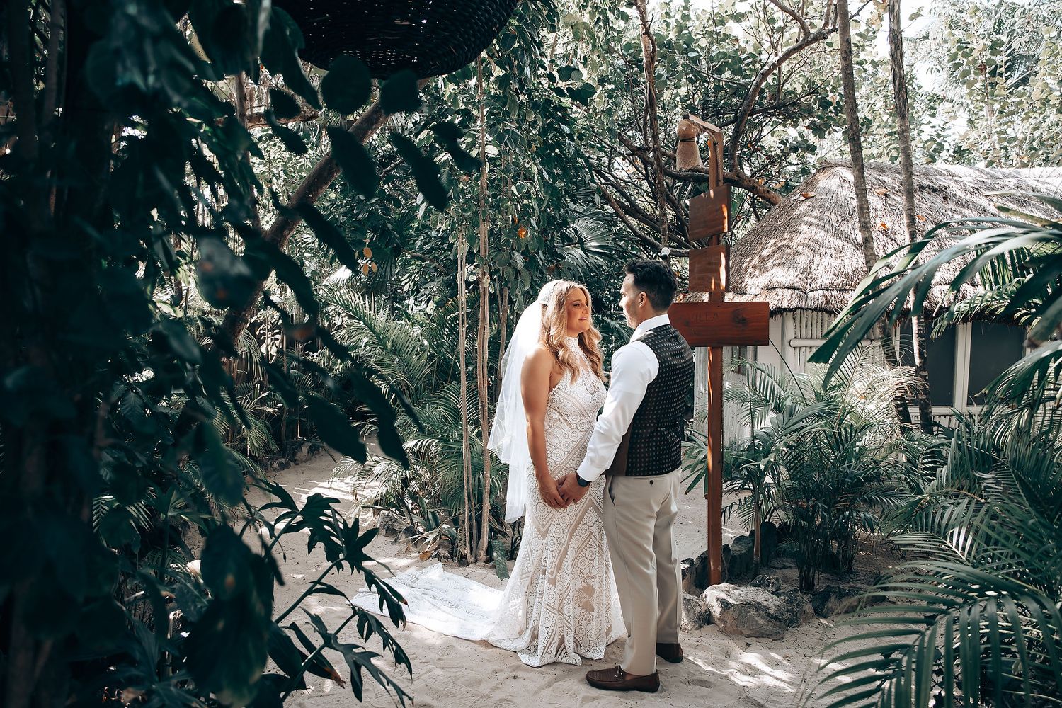 Artistic wedding photography sequence showing interactions between a couple in a garden.