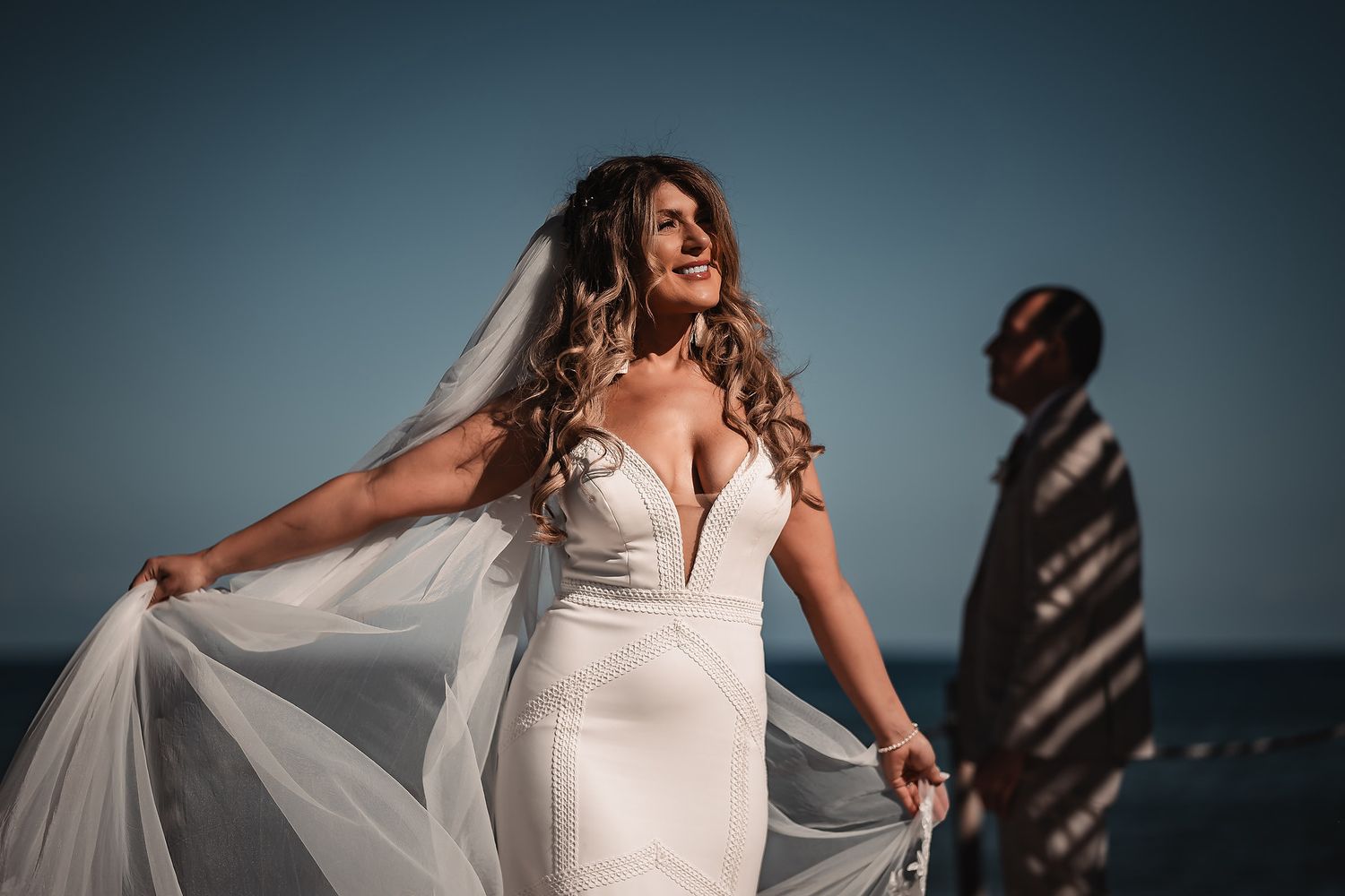 Bride and groom portrait at Bahia Principe Tulum beach Riviera Maya