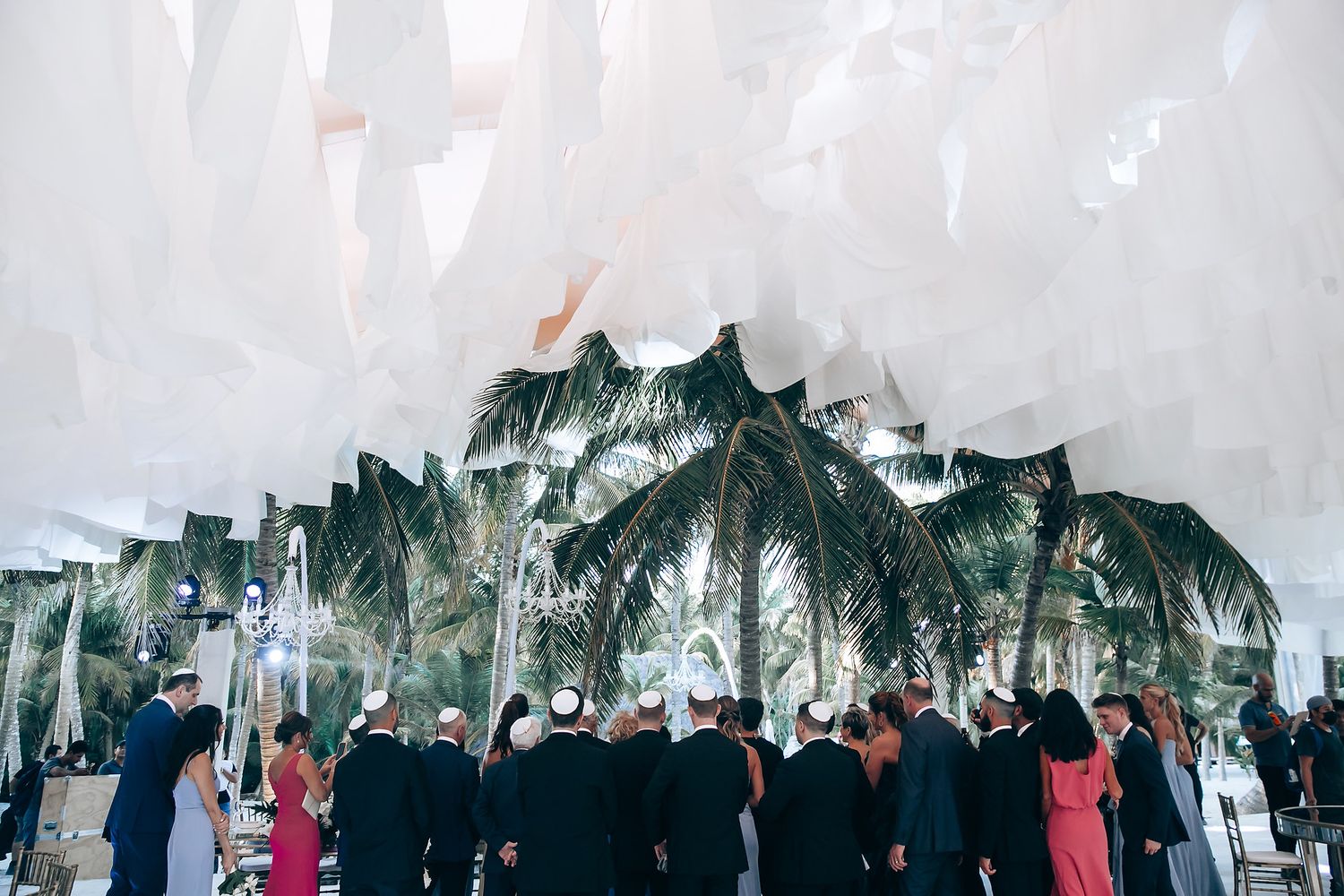 Wedding guests gather under a white tent with palm trees visible in the tropical outdoor setting.