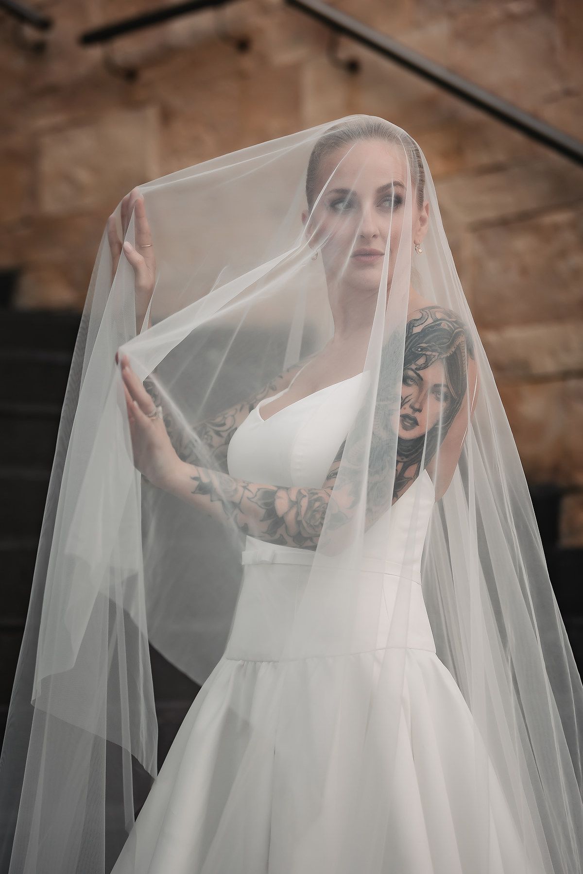 A series of artistic bridal portraits showing someone in a flowing white wedding dress and veil against a rustic backdrop.