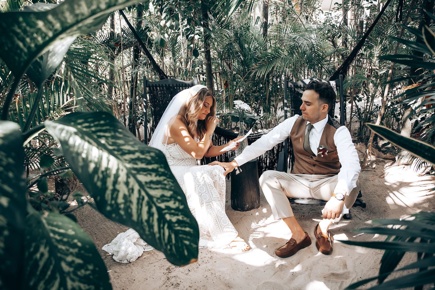 Romantic wedding photography sequence showing natural moments in a tropical setting.