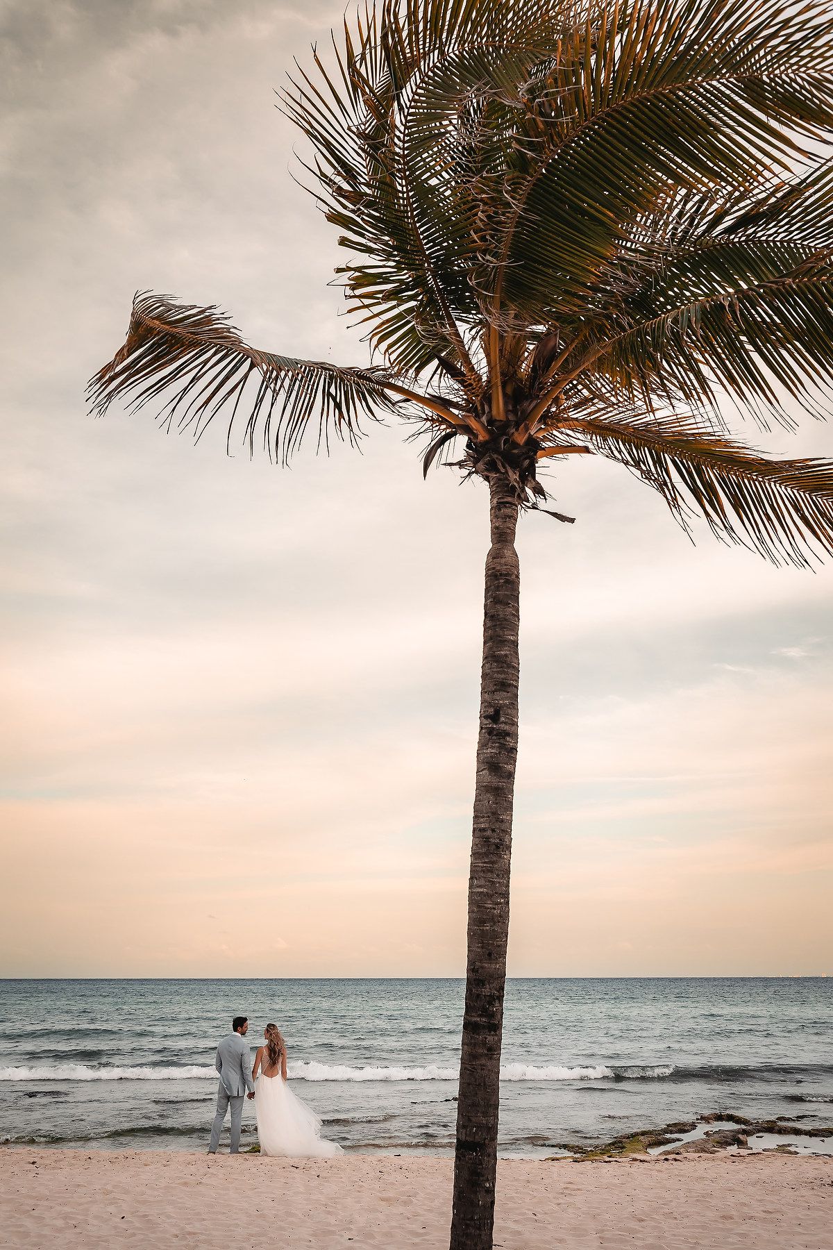 Palm trees frame a distant couple walking on beach during golden hour.