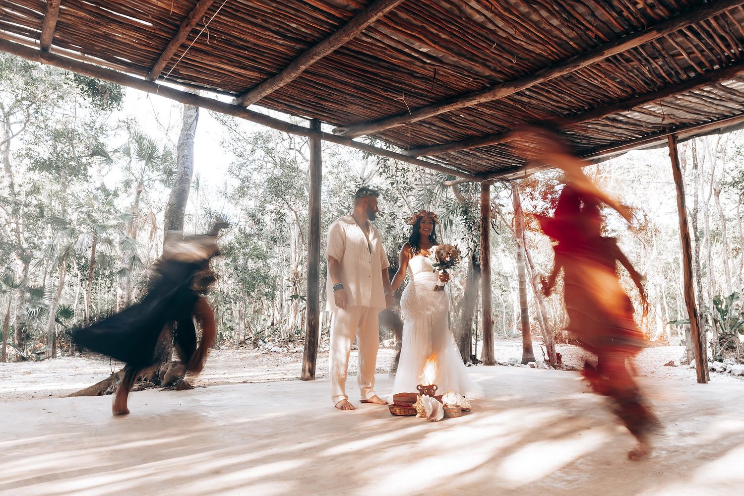 A sequence of dance movement frames showing fluid motion under a wooden pergola in an outdoor setting.