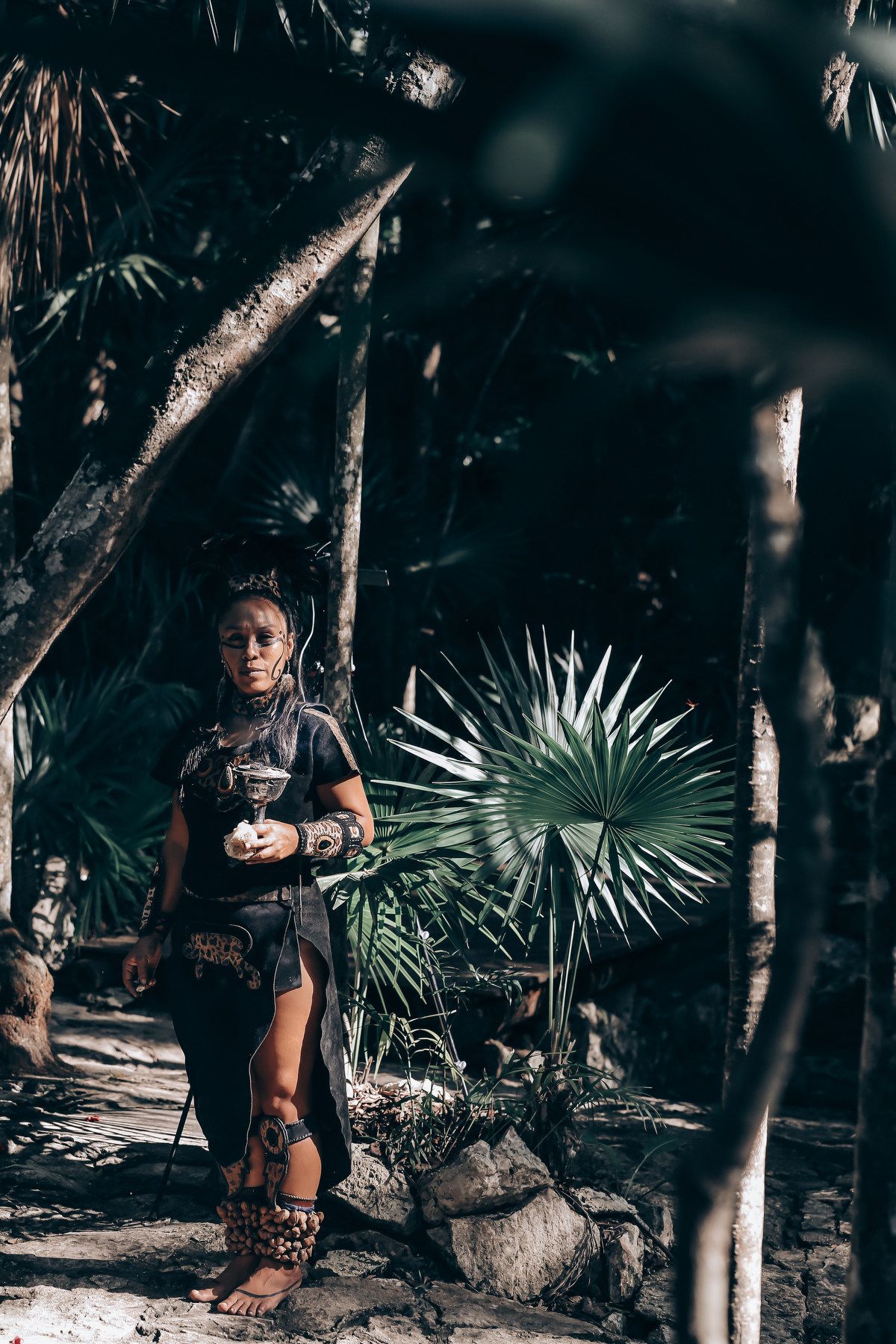 A person walks through a tropical garden path with palm fronds and trees creating a moody atmosphere.