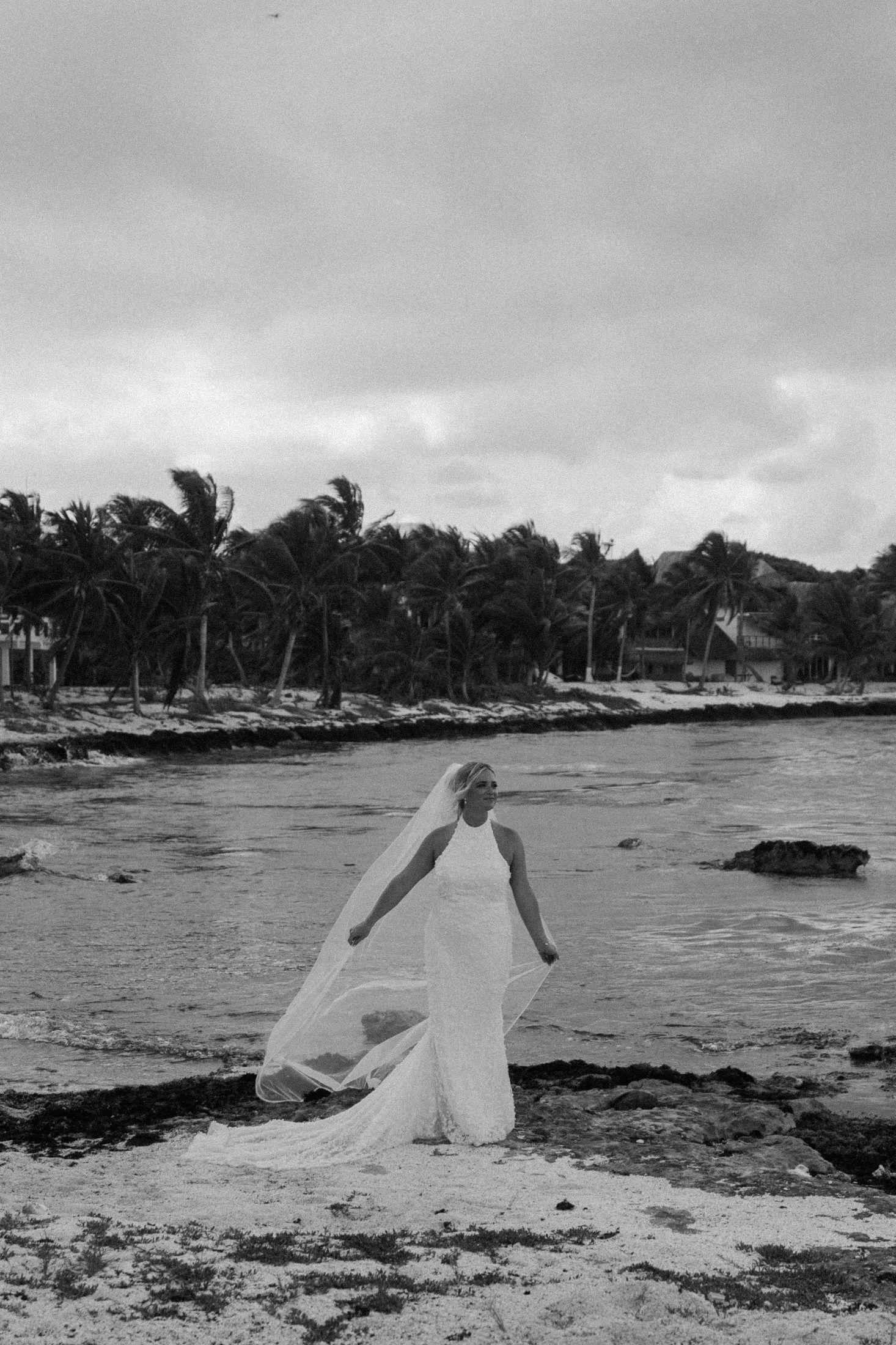 Bride in white gown and veil stands on rocky beach with palm trees and ocean in black and white photo.