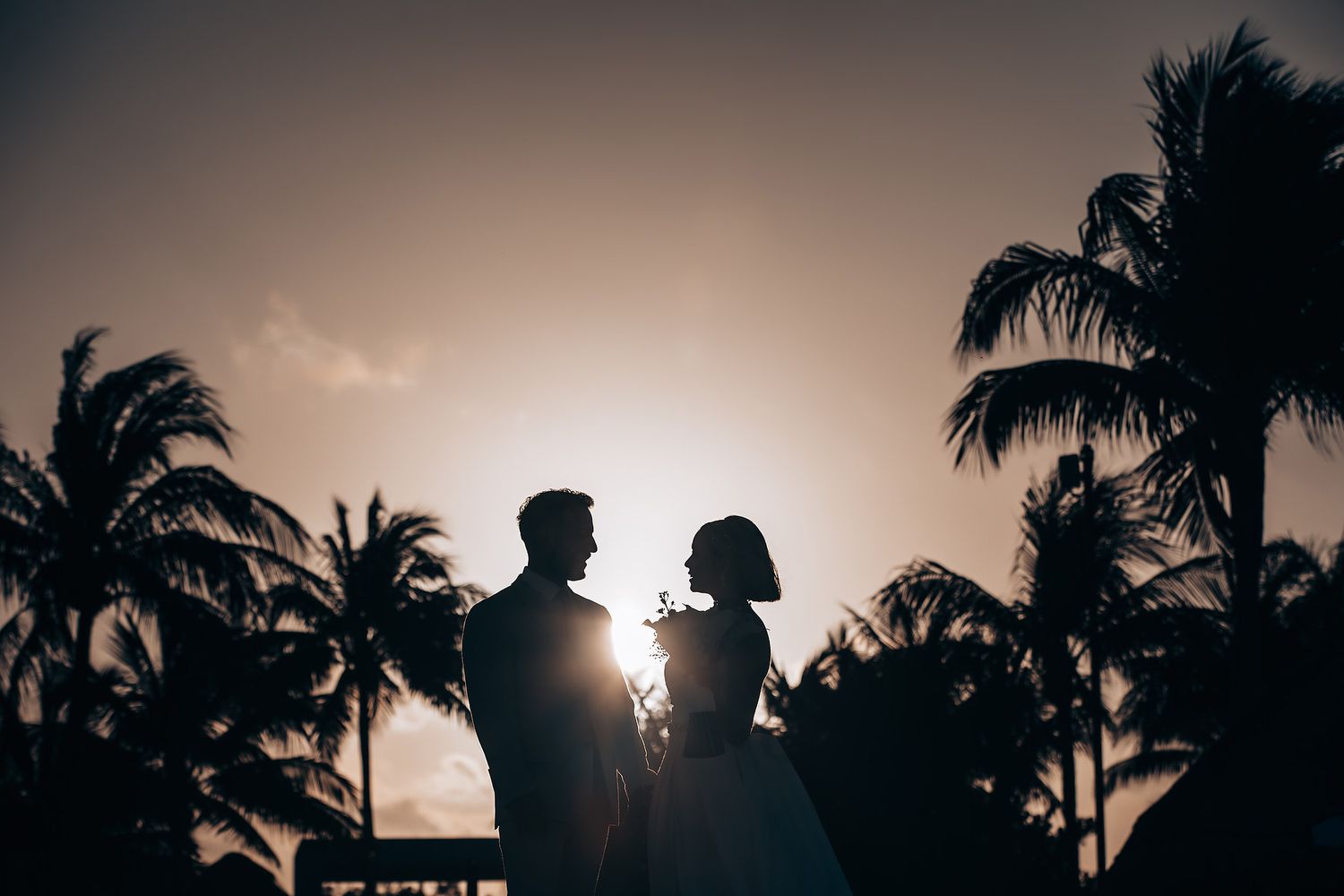 A silhouetted couple stands against a sunset sky with palm trees in the background.