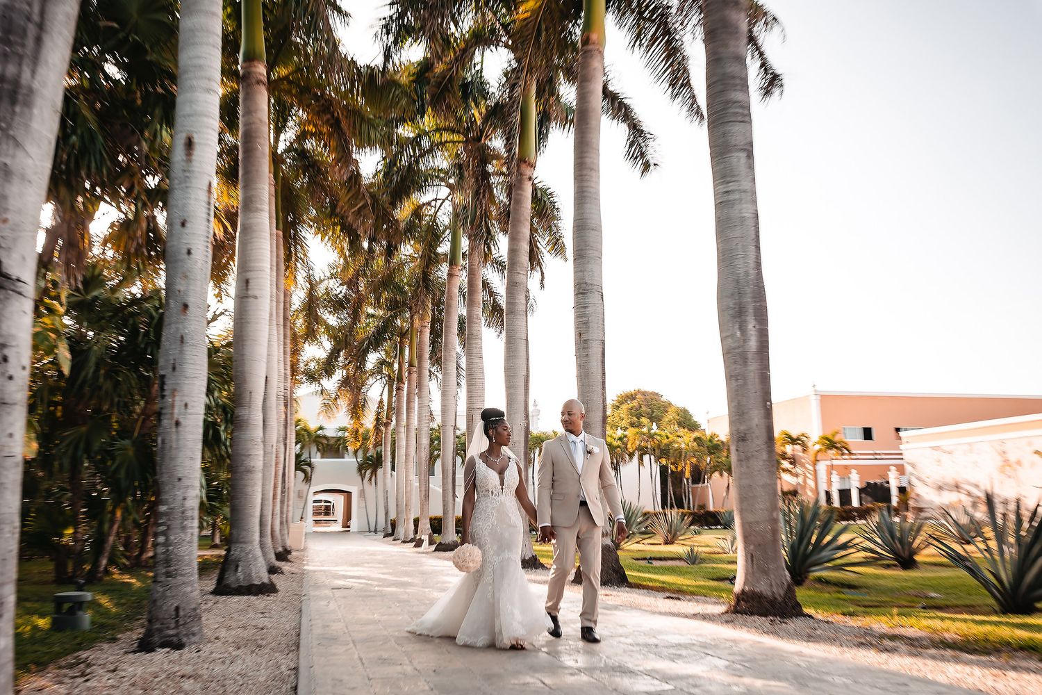 A palm tree-lined walkway creates a romantic setting for wedding photos.