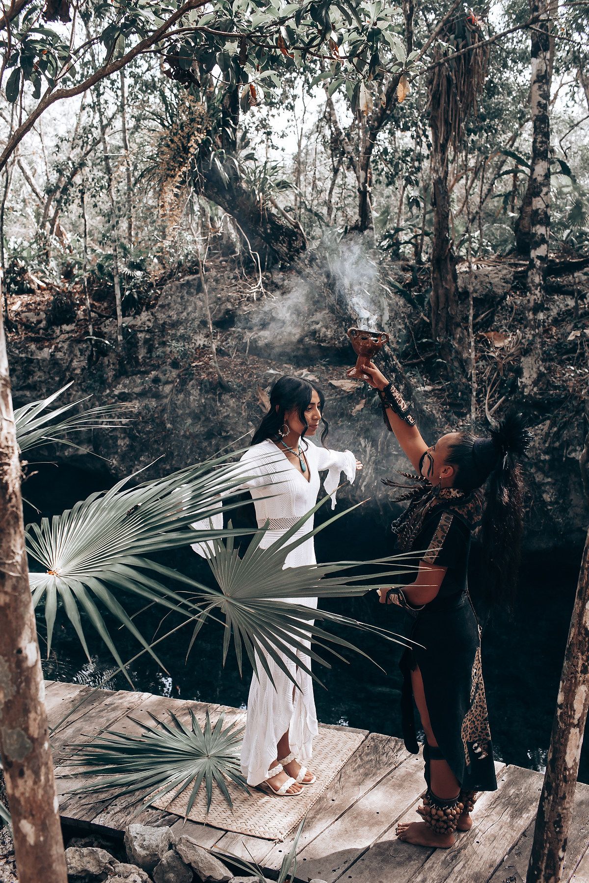 A moody forest scene with palm fronds and misty atmosphere captured in black and white tones.