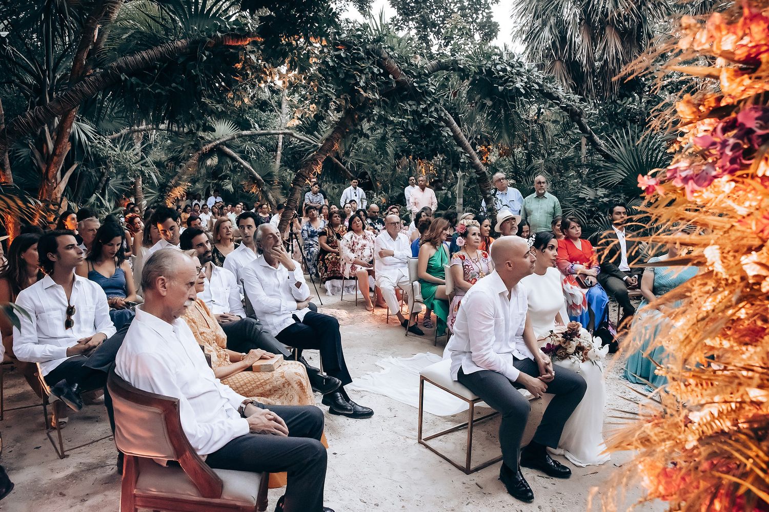 Guests seated outdoors at a tropical wedding venue with palm trees and natural lighting.