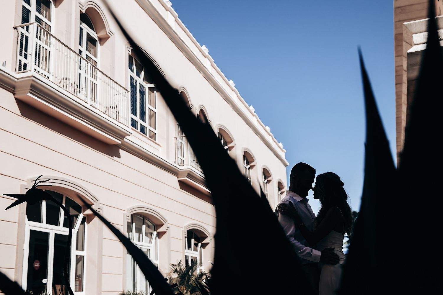 A silhouette of a couple embracing against a building with palm trees in the background.