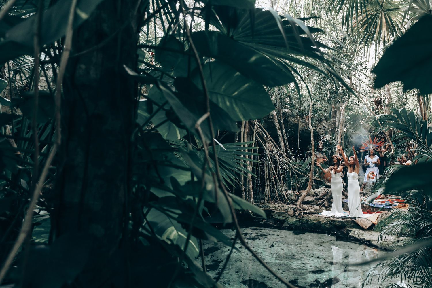 Sunlit forest scene with palm trees and natural foliage creating a romantic backdrop.