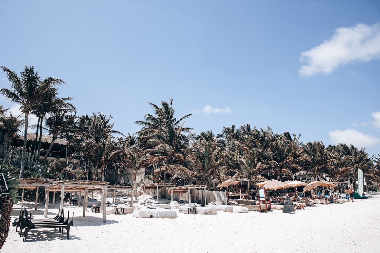 A panoramic view of a tropical beach resort with palm trees, thatched umbrellas, and white sand along the coastline.