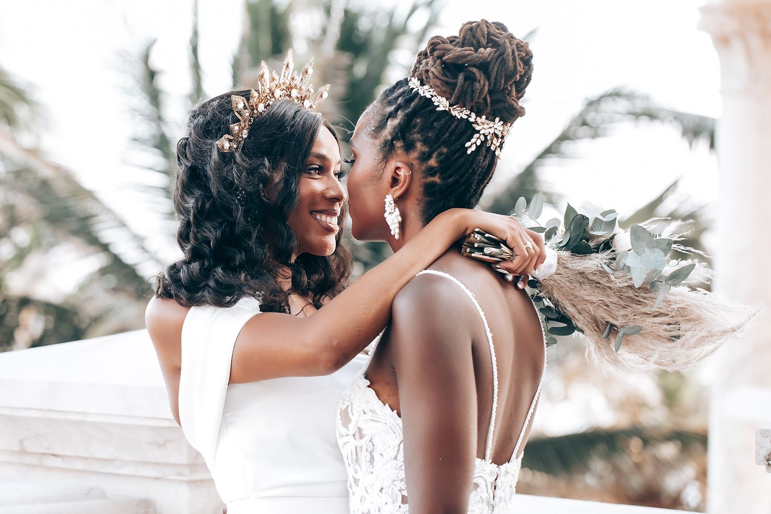 Wedding celebration photos showing joyful moments and embraces outdoors with palm trees.
